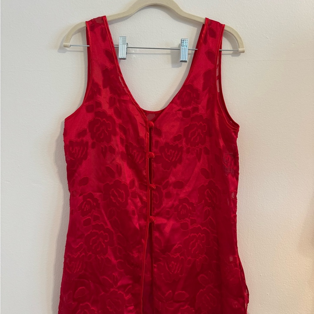 Red Floral Sleeveless Mesh Top